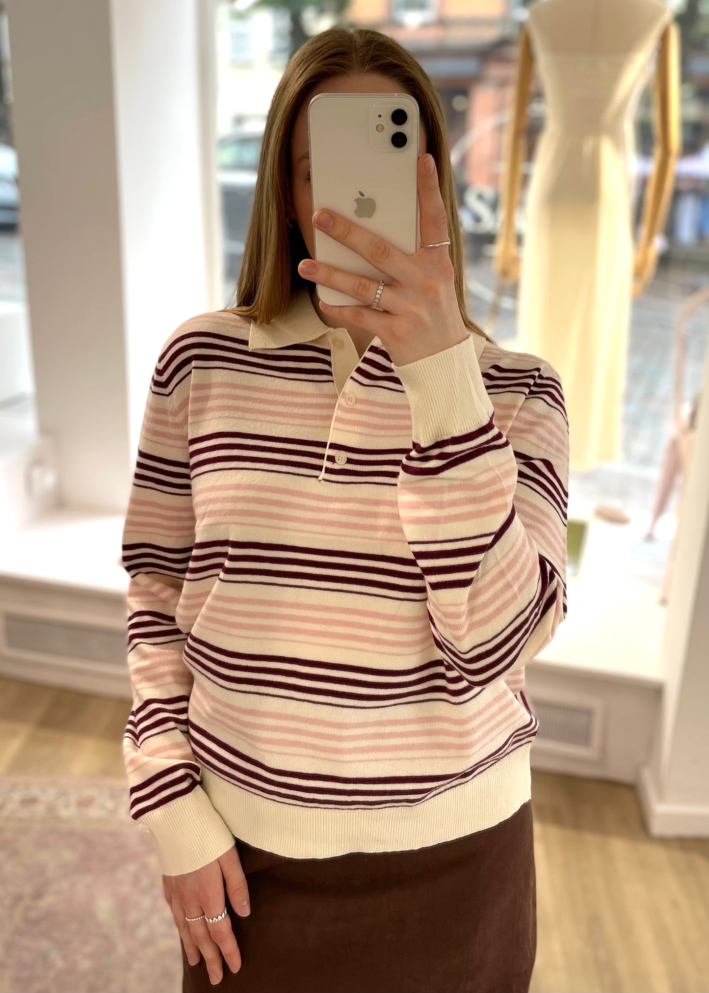 Langärmliges Poloshirt weinrot gestreift