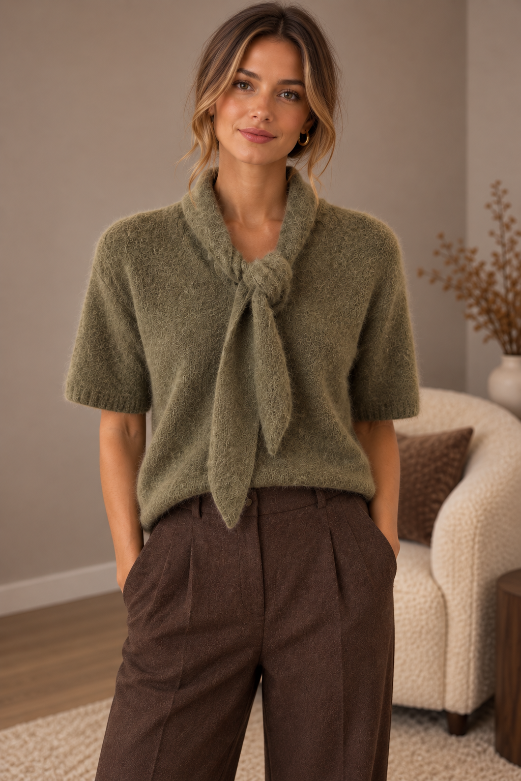 Kuscheliger Strickpullover mit Bindeschal