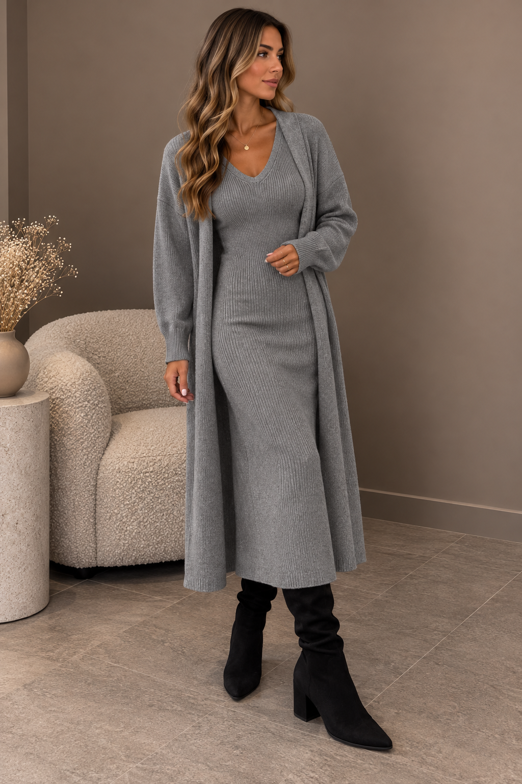 Elegantes Strick-Set – Kleid & Long-Cardigan