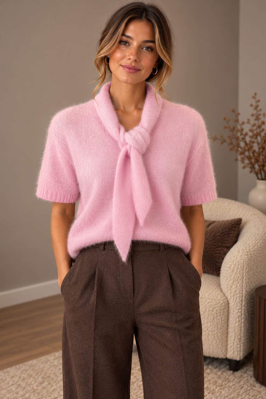 Kuscheliger Strickpullover mit Bindeschal