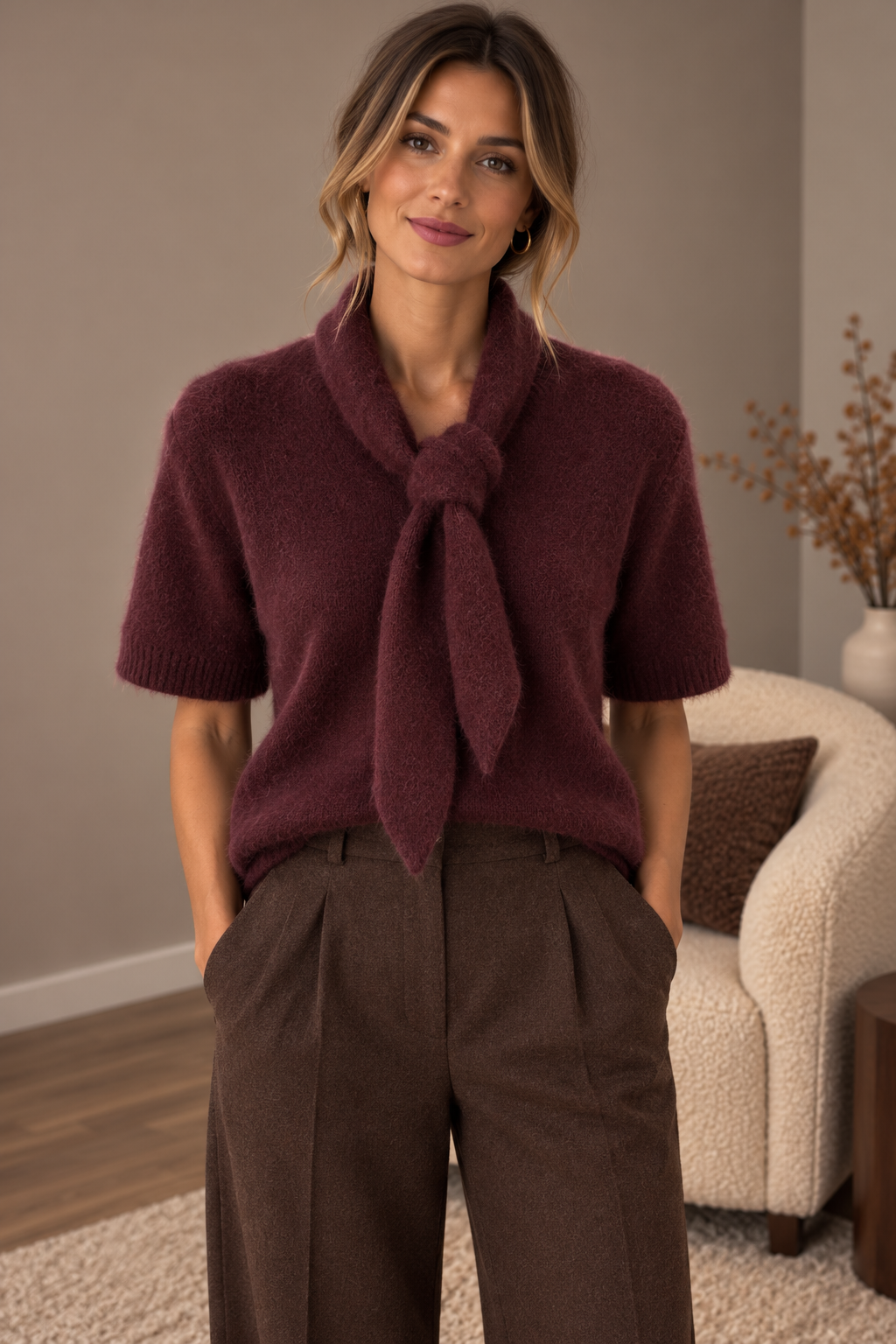 Kuscheliger Strickpullover mit Bindeschal
